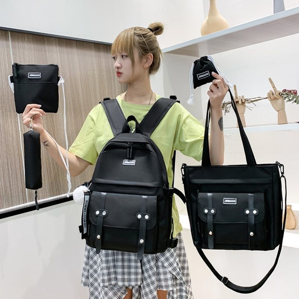 5 pcs sets canvas Schoolbags For Teenage Girls Women Backpacks Laptop keychain School Bags Travel Bagpack 2