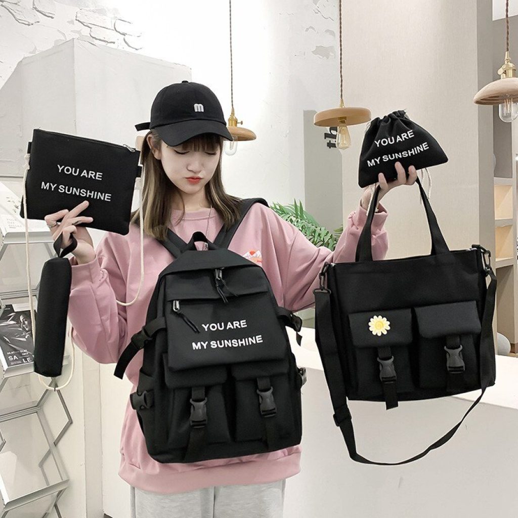5Piece Set Kawaii Schoolbags for Teenage Girls Women Backpack 2021 Canvas Travel Back pack Student notebook 1