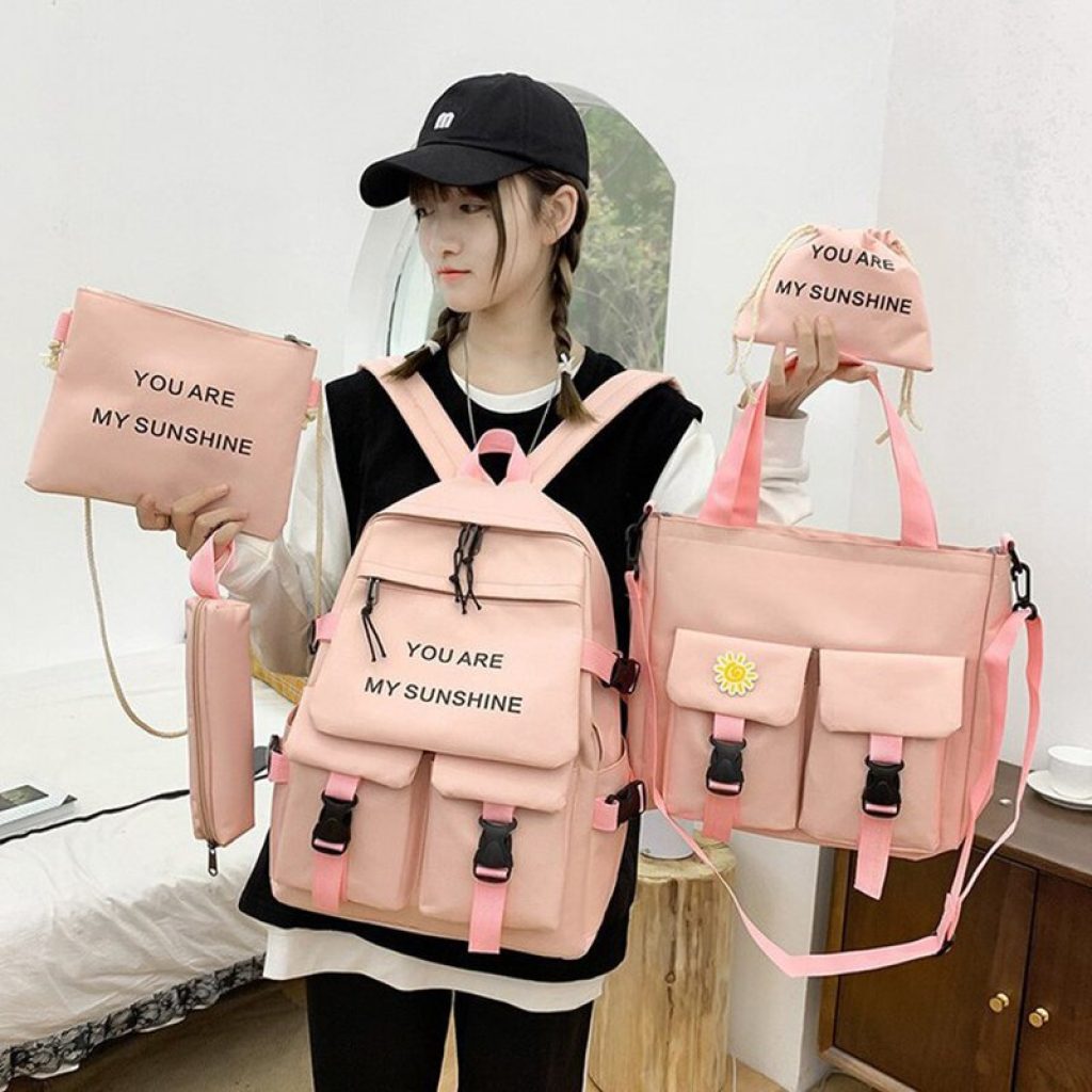 5Piece Set Kawaii Schoolbags for Teenage Girls Women Backpack 2021 Canvas Travel Back pack Student notebook 2