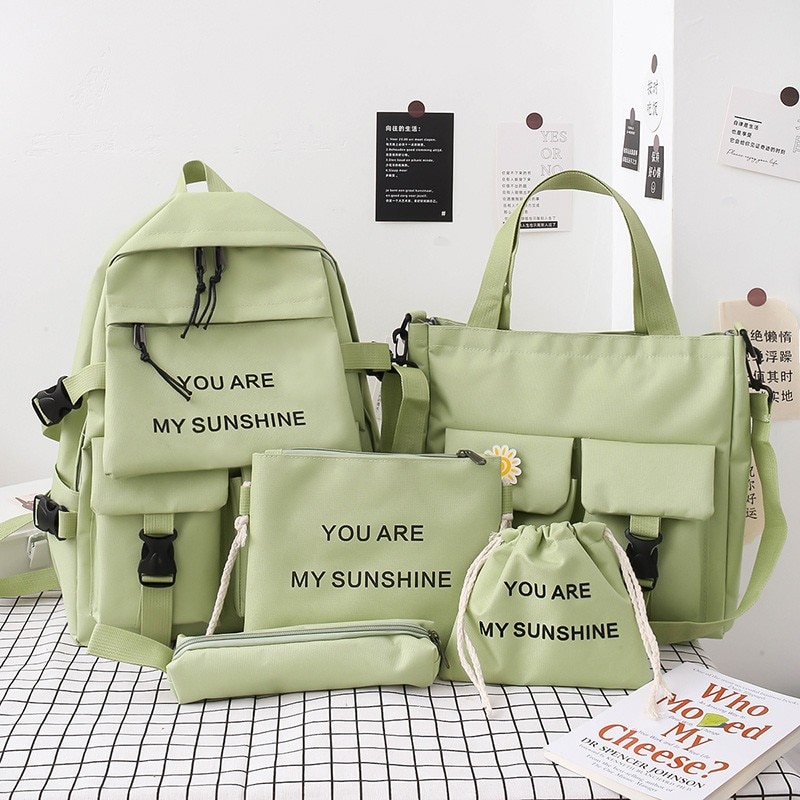 5Piece Set Kawaii Schoolbags for Teenage Girls Women Backpack 2021 Canvas Travel Back pack Student notebook
