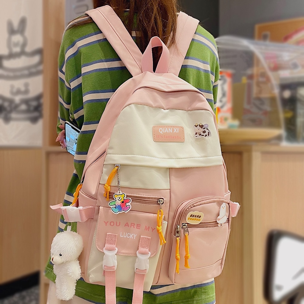 Girl Harajuku Kawaii Backpack Women Waterproof Cute School Bag Pin Badge Lady Nylon Backpack Student Book