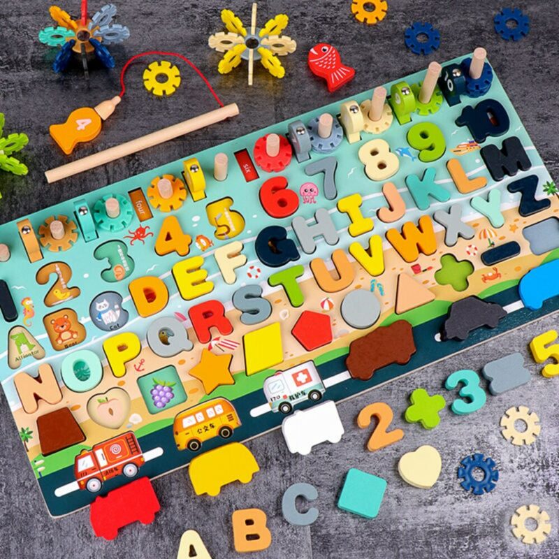Wooden Montessori Toys Fruit Digital Alphabet Animal Traffic Figure Matching Puzzle Preschool Busy Board Educational Kids 1