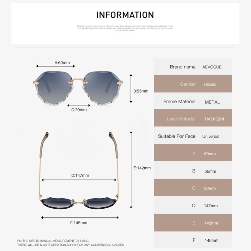 AEVOGUE Sunglasses For Women ladies Rimless Diamond cutting Lens Brand Designer Ocean Shades Vintage Sun Glasses 2
