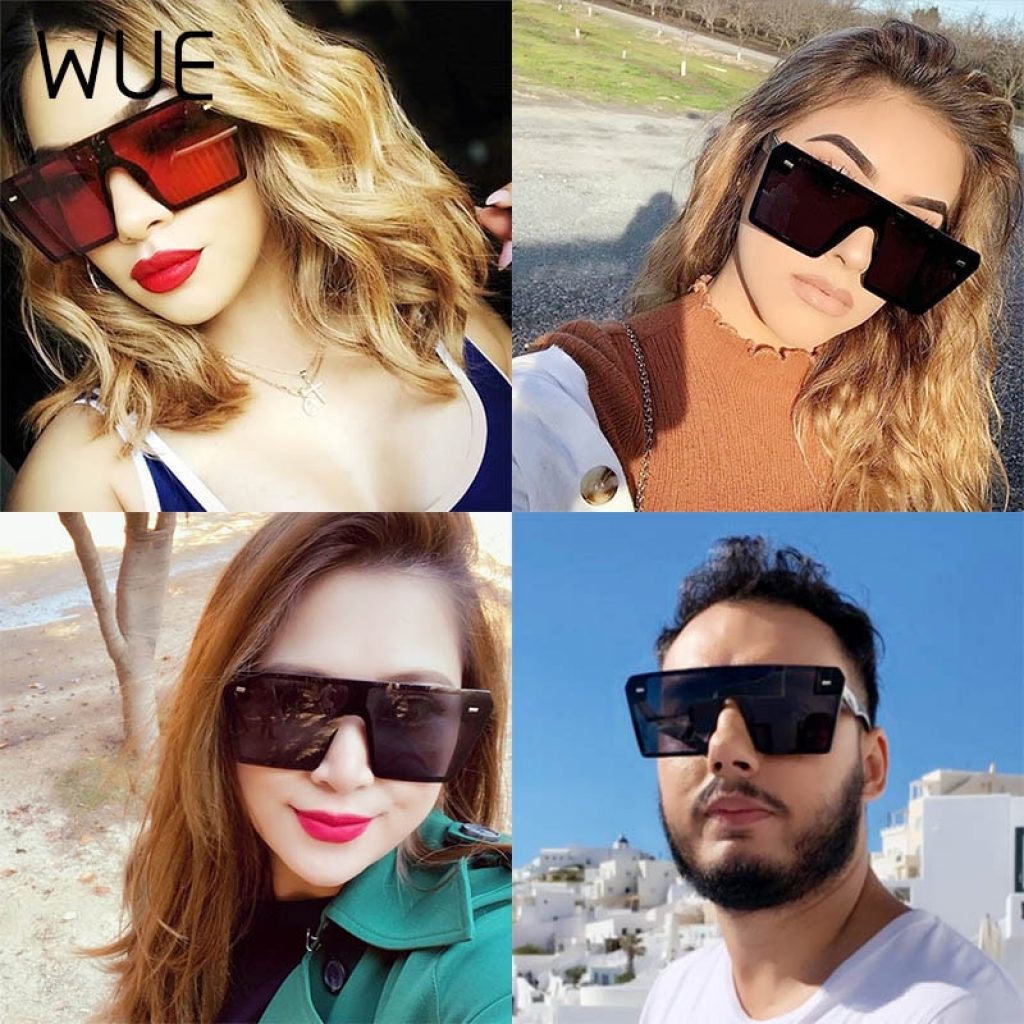 WUE Flat Top Oversize Square Sunglasses Women Fashion Retro Gradient Sun Glasses 2020 Men Blue Big 2