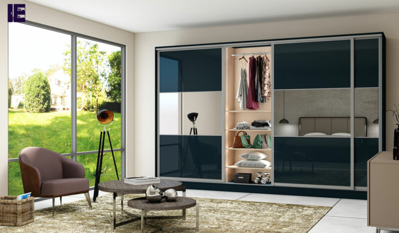 FItted sliding wardrobe with three panels with combination of Demin glass and mirror d3fd4d30