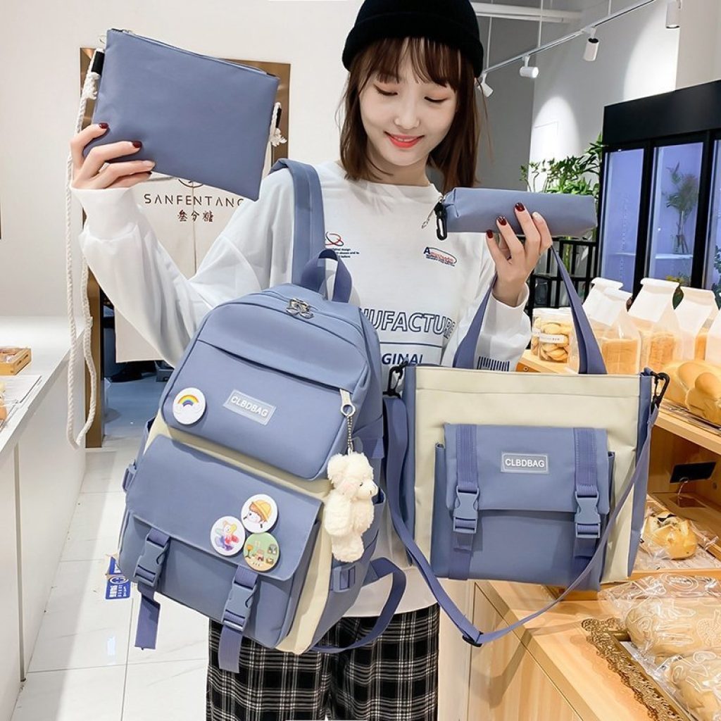 4PCS SET Women Laptop Backpack Harajuku Canvas School Bags for Teenage Girls Kawaii College Student Kids