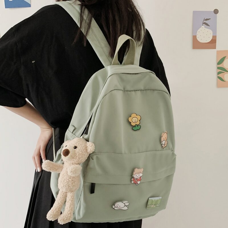 Women Nylon Cute Backpack Bear Female Student College School Bag Badge Girl Doll Backpack Kawaii Book 2