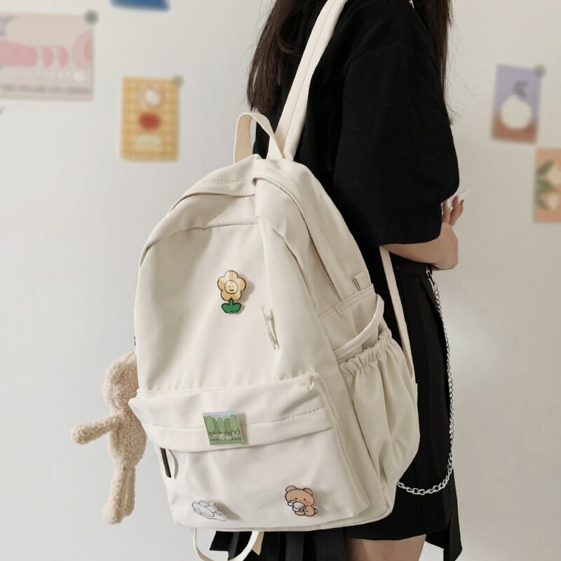 Women Nylon Cute Backpack Bear Female Student College School Bag Badge Girl Doll Backpack Kawaii Book
