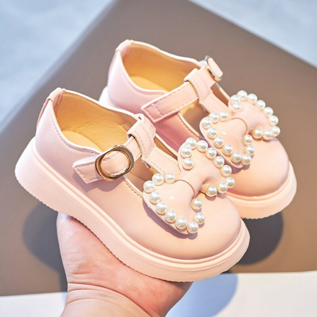 Girls Leather Shoes With Bowtie Pearls Beading Princess Sweet Cute Soft Comfortable Children Flats Kids Shoes 3