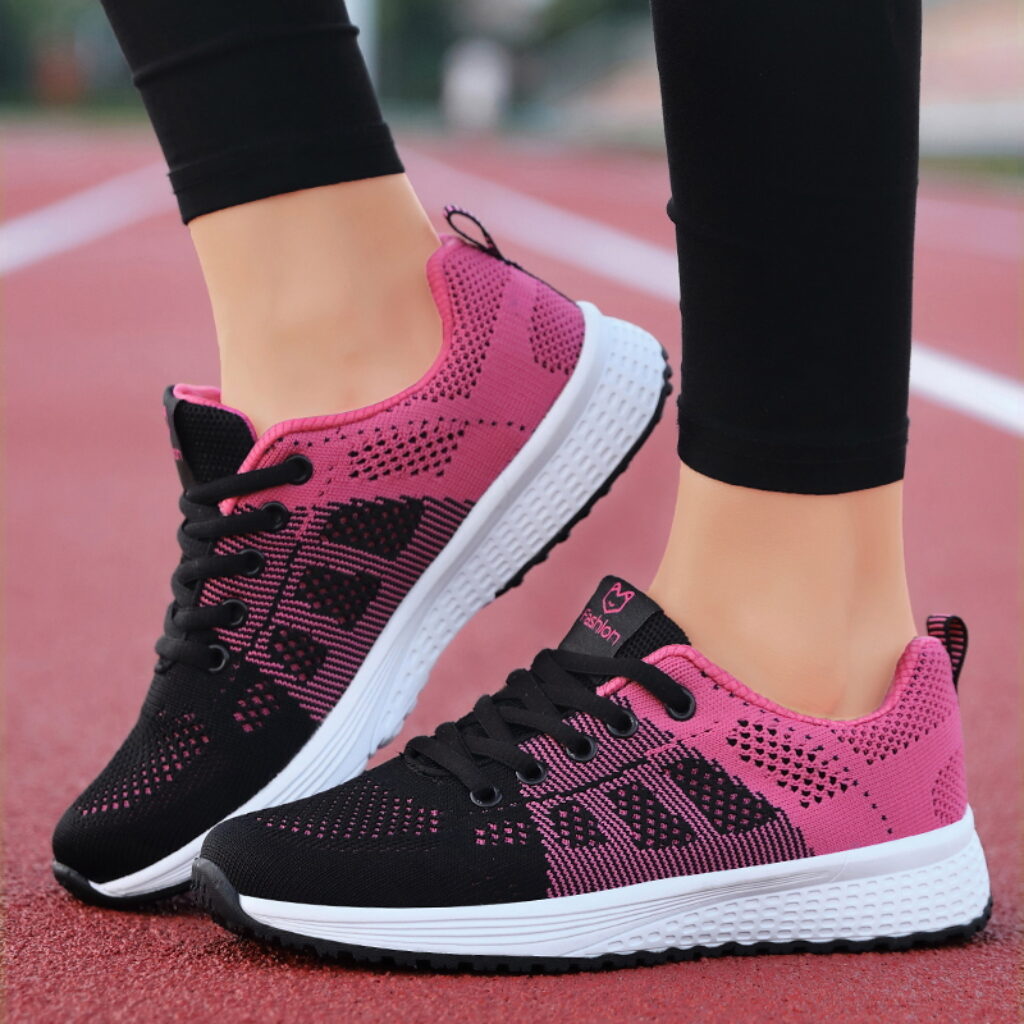Women Casual Shoes Breathable Walking Mesh Lace Up Flat Shoes Sneakers Women Tenis Feminino Pink Black 1
