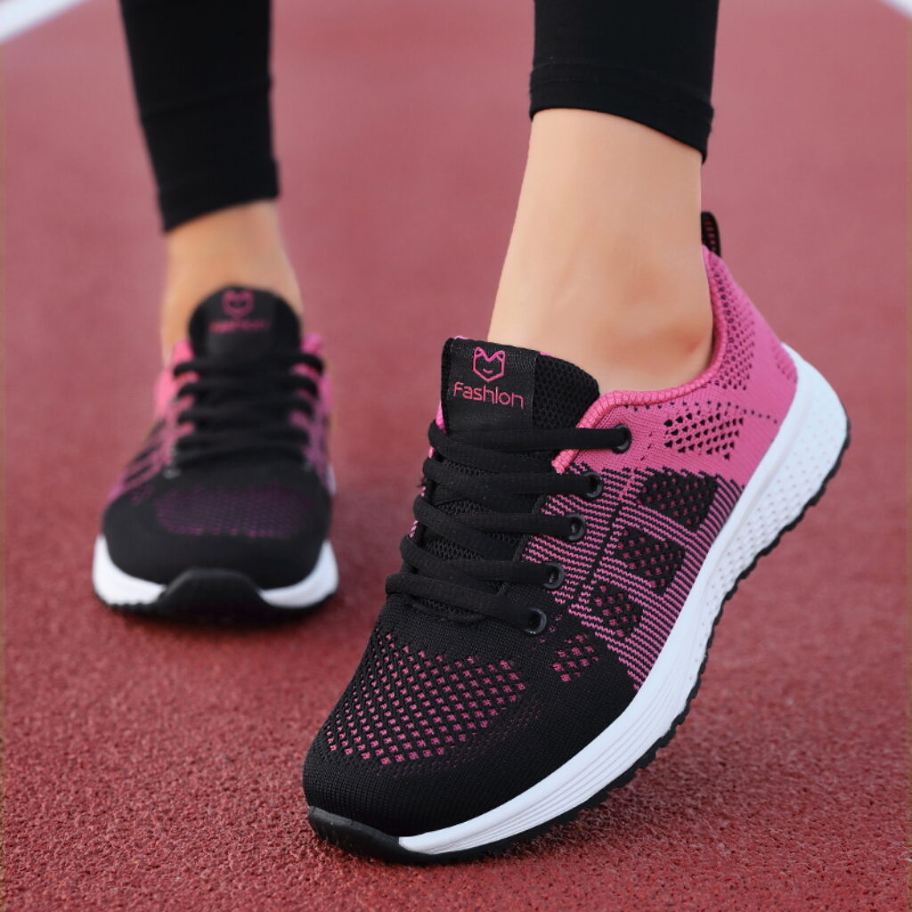 Women Casual Shoes Breathable Walking Mesh Lace Up Flat Shoes Sneakers Women Tenis Feminino Pink Black