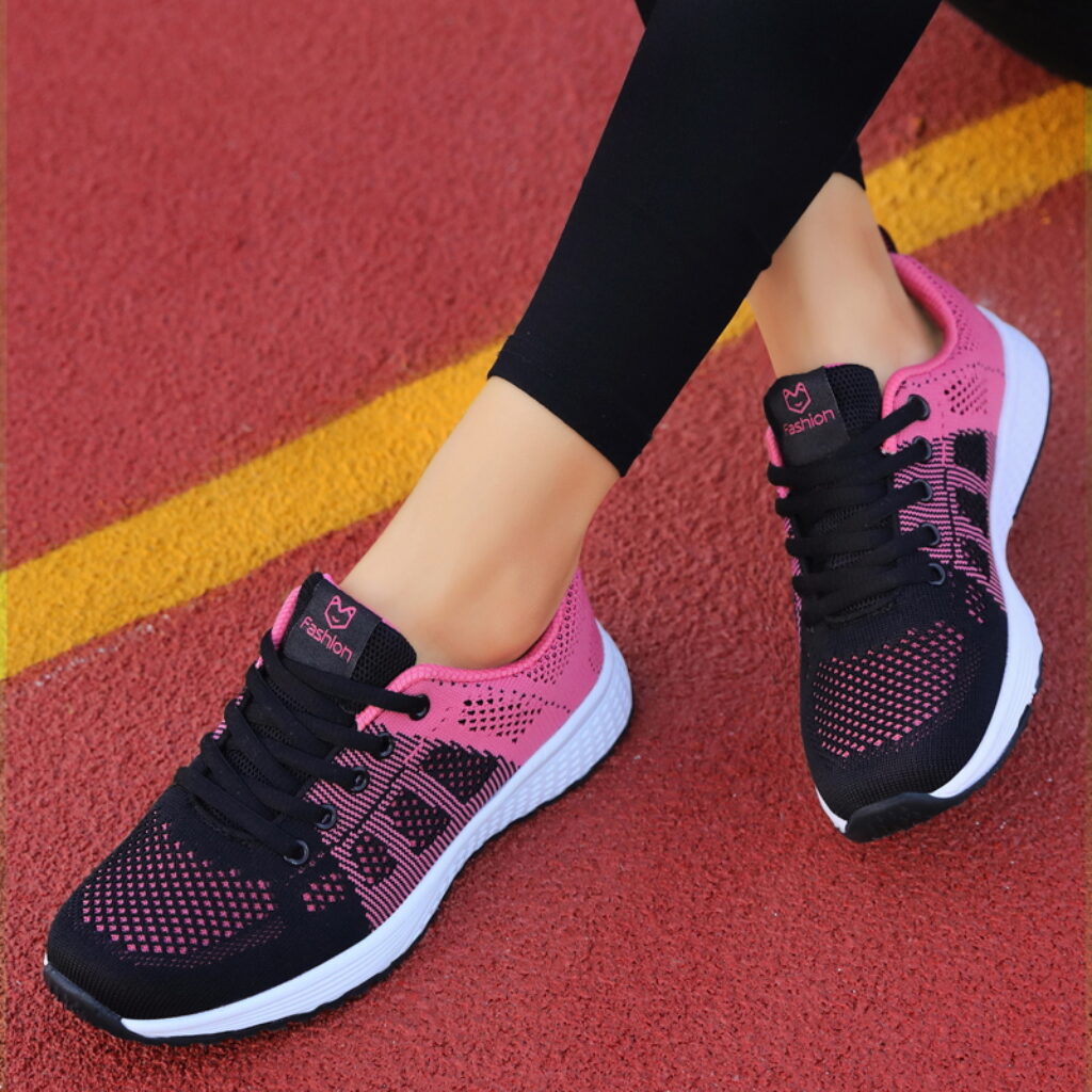 Women Casual Shoes Breathable Walking Mesh Lace Up Flat Shoes Sneakers Women Tenis Feminino Pink Black 2